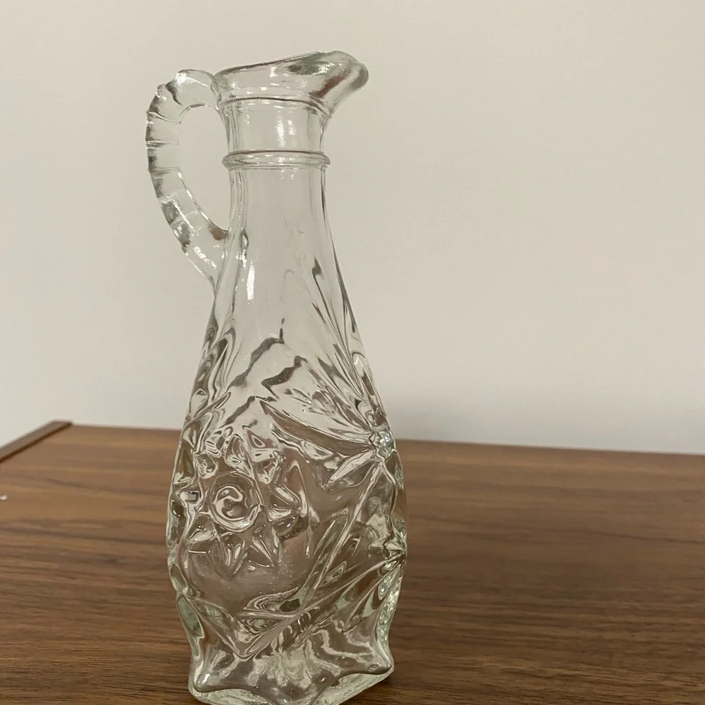 Vintage Clear‎ Pressed Glass Cruet Starburst Pattern Oil and Vinegar Bottle